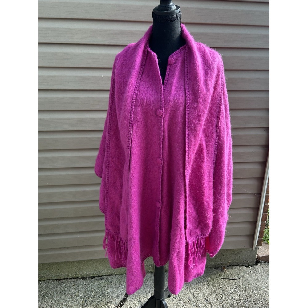 Alpaca Diana Pink Alpaca Wool Cape Poncho Fringe Boho Oversized Button Front
